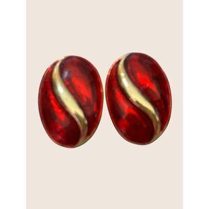 ❤️ VTG 80s RED ENAMEL GOLD TONE OVAL SWIRL WAVE DOMED ESTATE CLIP ON EARRINGS
